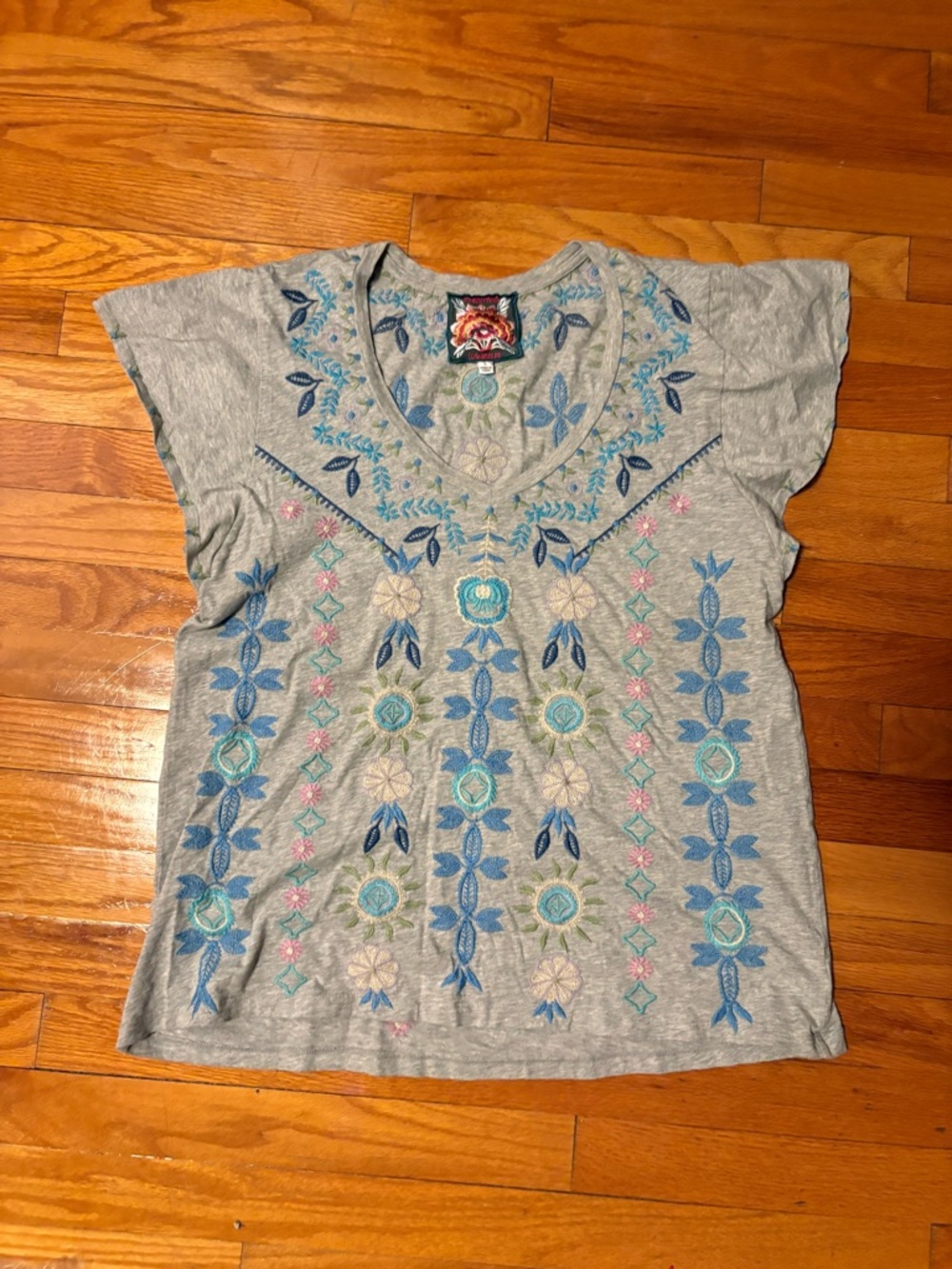 Johnny Was Embroidered Top with Fluttered Short Sleeves
